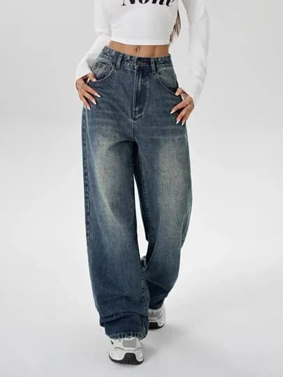 Женские джинсы baggy Y2K оверсайз, широкие джинсы с высокой посадкой, хлопок — USW-ЖДЖИНСЫ-ИНДИГО-M