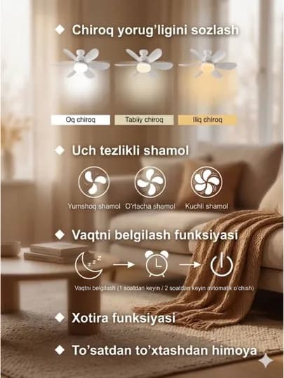 Люстра вентилятор SmartGlow, с пультом, патрон E27, LED — SGL-SGLDRN60W-ЛАЗУР